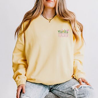 Embroidered Teacher Flowers - Women's Lightweight Garment Dyed Sweatshirt