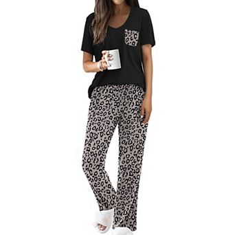 Ekouaer Pajama Sets for Women Short Sleeve Pj Set V Neck Sleepwear Chest Pocket with Long Pants