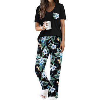 Ekouaer Pajama Sets for Women Short Sleeve Pj Set V Neck Sleepwear Chest Pocket with Long Pants