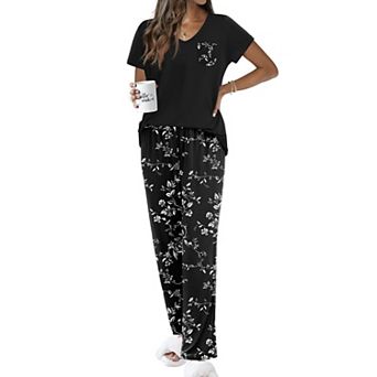 Ekouaer Pajama Sets for Women Short Sleeve Pj Set V Neck Sleepwear Chest Pocket with Long Pants