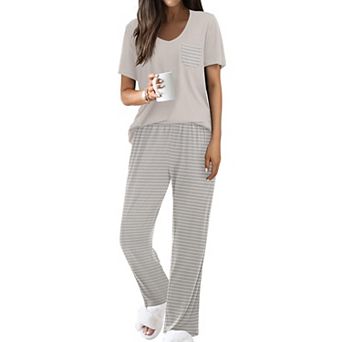 Ekouaer Pajama Sets for Women Short Sleeve Pj Set V Neck Sleepwear Chest Pocket with Long Pants
