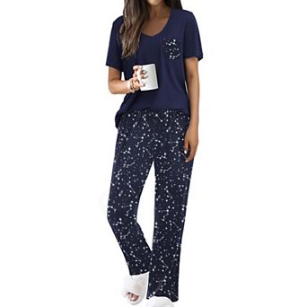 Ekouaer Pajama Sets for Women Short Sleeve Pj Set V Neck Sleepwear Chest Pocket with Long Pants