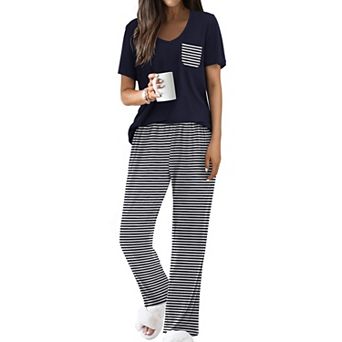 Ekouaer Pajama Sets for Women Short Sleeve Pj Set V Neck Sleepwear Chest Pocket with Long Pants