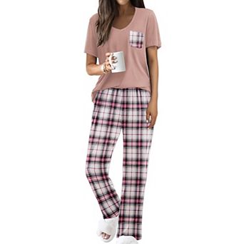 Ekouaer Pajama Sets for Women Short Sleeve Pj Set V Neck Sleepwear Chest Pocket with Long Pants