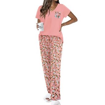 Ekouaer Pajama Sets for Women Short Sleeve Pj Set V Neck Sleepwear Chest Pocket with Long Pants