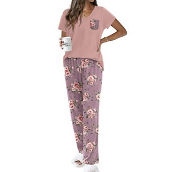 Ekouaer Pajama Sets for Women Short Sleeve Pj Set V Neck Sleepwear Chest Pocket with Long Pants