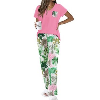 Ekouaer Pajama Sets for Women Short Sleeve Pj Set V Neck Sleepwear Chest Pocket with Long Pants