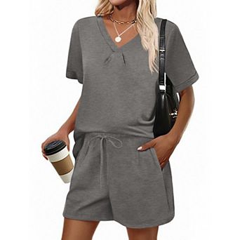 Ekouaer Pajamas Set Women's Short Sleeve 2 pc PJ Sets V Neck Comfy Sleepwear Loungewear