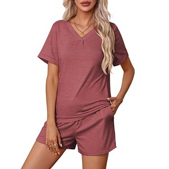 Ekouaer Pajamas Set Women's Short Sleeve 2 pc PJ Sets V Neck Comfy Sleepwear Loungewear