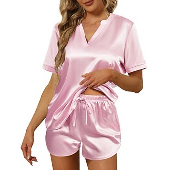 Ekouaer Silk Pajamas for Women Short Sleeve Sleepwear Two piece Pjs Set Soft V Neck Loungewear
