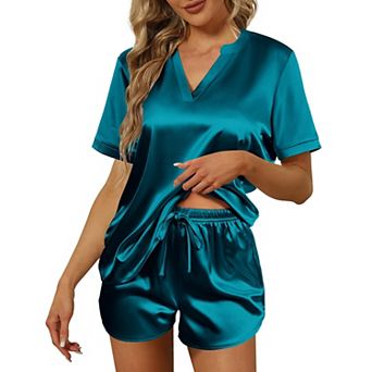 Ekouaer Silk Pajamas for Women Short Sleeve Sleepwear Two piece Pjs Set Soft V Neck Loungewear
