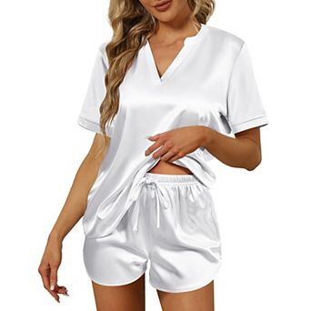 Ekouaer Silk Pajamas for Women Short Sleeve Sleepwear Two piece Pjs Set Soft V Neck Loungewear