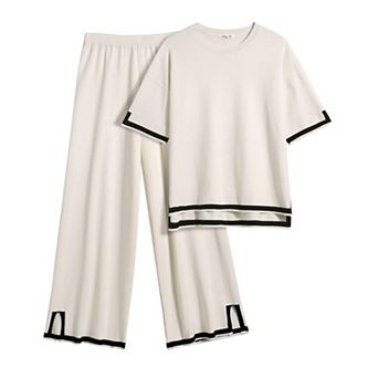 Ekouaer Lounge Set for Women Travel Outfits 2 pc Sets Short Sleeve Sweater Top Wide Leg Long
