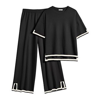 Ekouaer Lounge Set for Women Travel Outfits 2 pc Sets Short Sleeve Sweater Top Wide Leg Long
