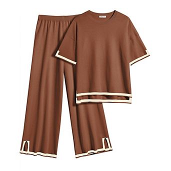 Ekouaer Lounge Set for Women Travel Outfits 2 pc Sets Short Sleeve Sweater Top Wide Leg Long