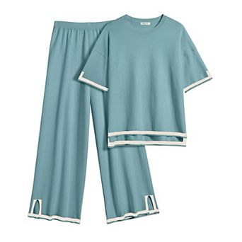 Ekouaer Lounge Set for Women Travel Outfits 2 pc Sets Short Sleeve Sweater Top Wide Leg Long