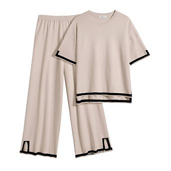 Ekouaer Lounge Set for Women Travel Outfits 2 pc Sets Short Sleeve Sweater Top Wide Leg Long