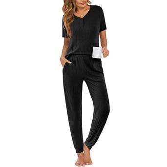 Ekouaer Pajama Sets for Womens Rib Knit Lounge Set Jogger Pants Short Sleeve Sleepwear 2 pc