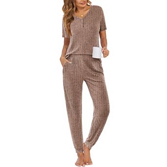 Ekouaer Pajama Sets for Womens Rib Knit Lounge Set Jogger Pants Short Sleeve Sleepwear 2 pc