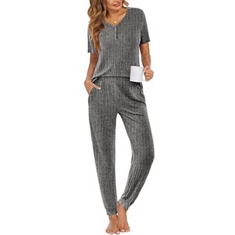Ekouaer Pajama Sets for Womens Rib Knit Lounge Set Jogger Pants Short Sleeve Sleepwear 2 pc