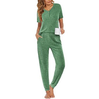 Ekouaer Pajama Sets for Womens Rib Knit Lounge Set Jogger Pants Short Sleeve Sleepwear 2 pc