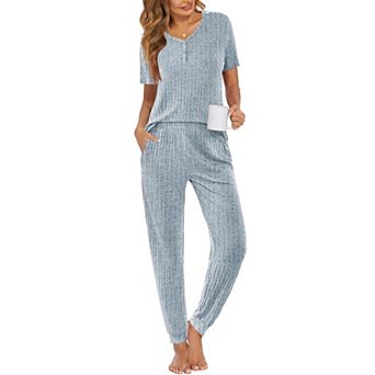 Ekouaer Pajama Sets for Womens Rib Knit Lounge Set Jogger Pants Short Sleeve Sleepwear 2 pc