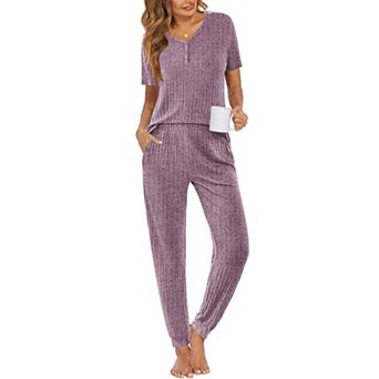 Ekouaer Pajama Sets for Womens Rib Knit Lounge Set Jogger Pants Short Sleeve Sleepwear 2 pc