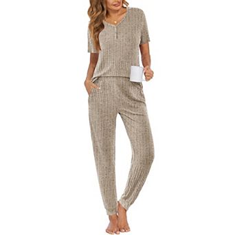 Ekouaer Pajama Sets for Womens Rib Knit Lounge Set Jogger Pants Short Sleeve Sleepwear 2 pc