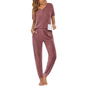 Ekouaer Pajama Sets for Womens Rib Knit Lounge Set Jogger Pants Short Sleeve Sleepwear 2 pc
