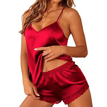 Ekouaer Satin Pajamas Women Lace Sleepwear Lingerie Cami Shorts Set Nightwear