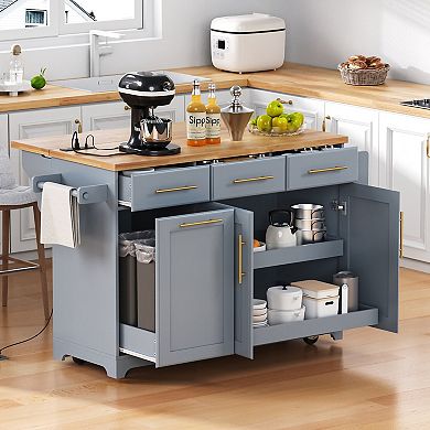Merax 59.3" Rolling Kitchen Island with Storage, Drop Leaf & Power Outlet