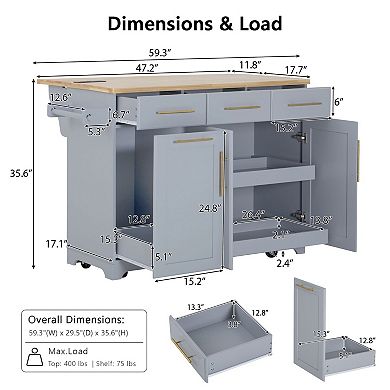 Merax 59.3" Rolling Kitchen Island with Storage, Drop Leaf & Power Outlet