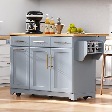Merax 59.3" Rolling Kitchen Island with Storage, Drop Leaf & Power Outlet