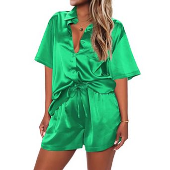 Ekouaer Pajamas Set Womens Pjs Short Sleeve Sleeping Wear Silk Loungewear Summer Pj Set