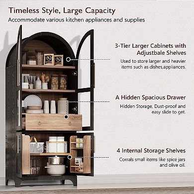Merax 71" Tall Arched Kitchen Pantry Cabinet with Door Shelves, Farmhouse Kitchen Storage Cabinet