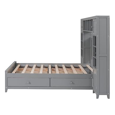 Merax Full Size Wooden Bed With All in One Cabinet and Shelf