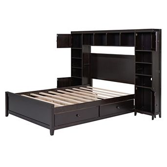 Merax Full Size Wooden Bed With All in One Cabinet and Shelf