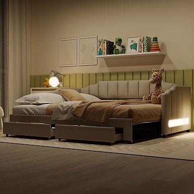 Merax Extendable Upholstered Daybed with Two Storage Drawers and LED Light