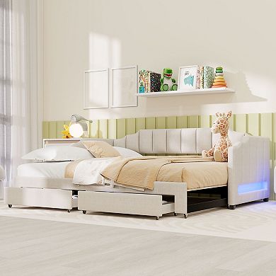 Merax Extendable Upholstered Daybed with Two Storage Drawers and LED Light