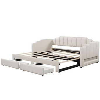 Merax Extendable Upholstered Daybed with Two Storage Drawers and LED Light