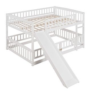 Merax Bunk Bed with Slide,Full Over Full Low Bunk Bed with Fence and Ladder for Toddler Kids