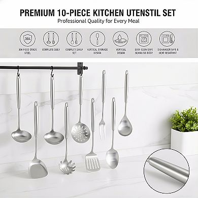 9-Piece 304 Stainless Steel Kitchen Utensil Set, Dishwasher Safe with Ladle Spatula