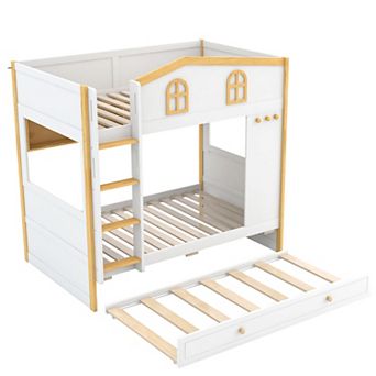 Merax Bunk Bed with House-shaped Guardrails and Storage Shelves and Trundle