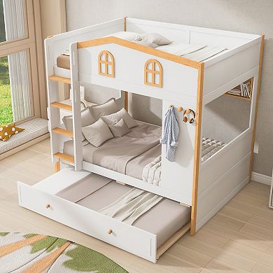 Merax Bunk Bed with House-shaped Guardrails and Storage Shelves and Trundle