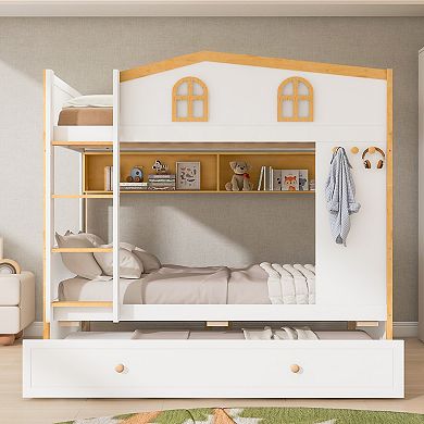 Merax Bunk Bed with House-shaped Guardrails and Storage Shelves and Trundle