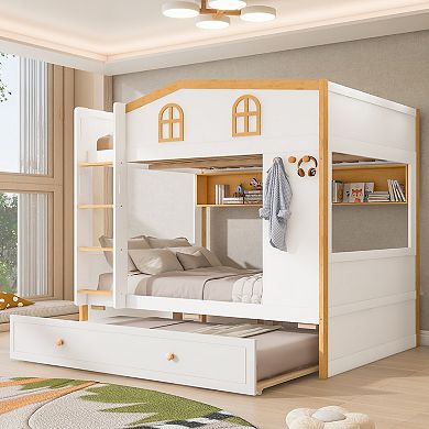 Merax Bunk Bed with House-shaped Guardrails and Storage Shelves and Trundle