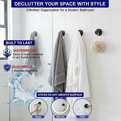 Black Suction Cup Hooks 2 Pack, Removable for Bathroom Towels and Robes