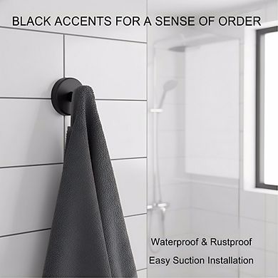 Black Suction Cup Hooks 2 Pack, Removable for Bathroom Towels and Robes