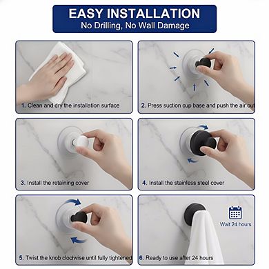 Black Suction Cup Hooks 2 Pack, Removable for Bathroom Towels and Robes