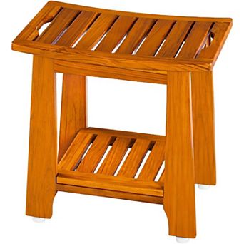 14" Teak Bath Stool with Shelf Handle, Non-Slip Waterproof 300 lbs